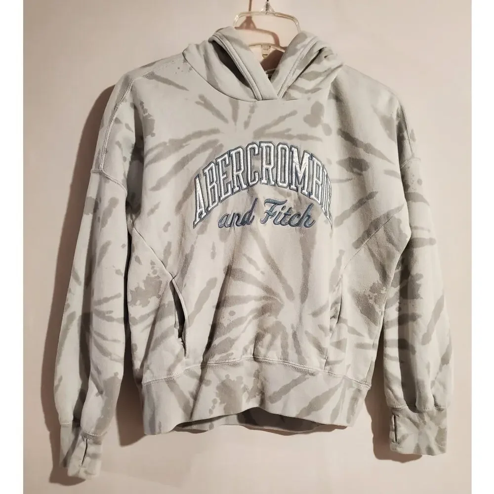 Abercrombie Kids Embroidered Hoodie Sweatshirt Size 13/14 Gray Tie Dye Print